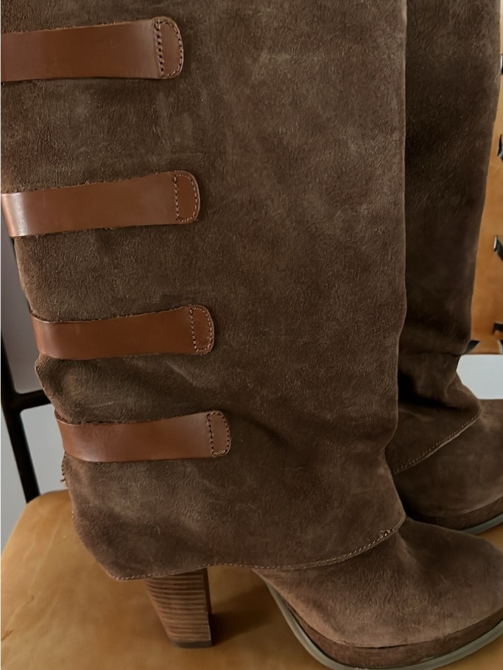 Report Brown Suede Mid-Calf Heeled Boots with Leather Straps